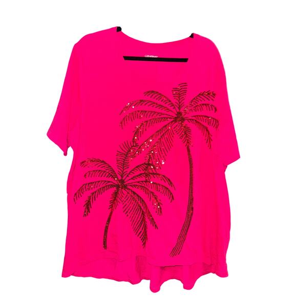 Catherines Women's Plus Size Slub Knit Sparkling Sequin Tee pink burst palm tree - Picture 4 of 5